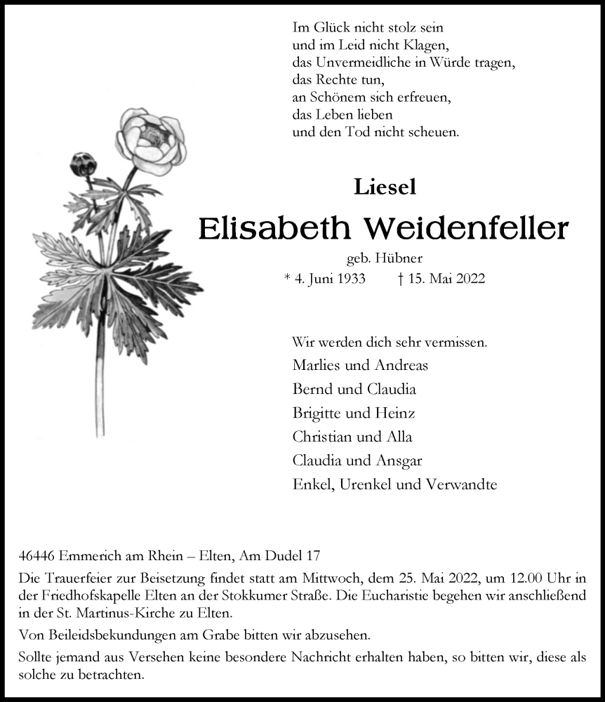  Traueranzeige für Elisabeth Weidenfeller vom 21.05.2022 aus Rheinische Post