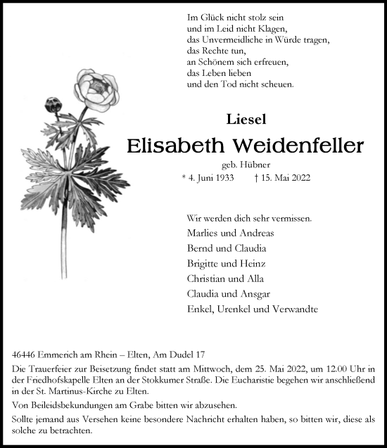 Traueranzeige von Elisabeth Weidenfeller von Rheinische Post