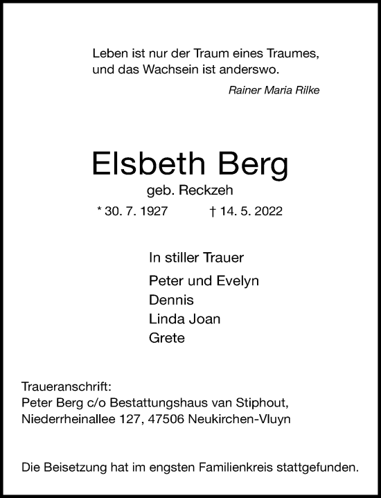 Traueranzeige von Elsbeth Berg von Rheinische Post