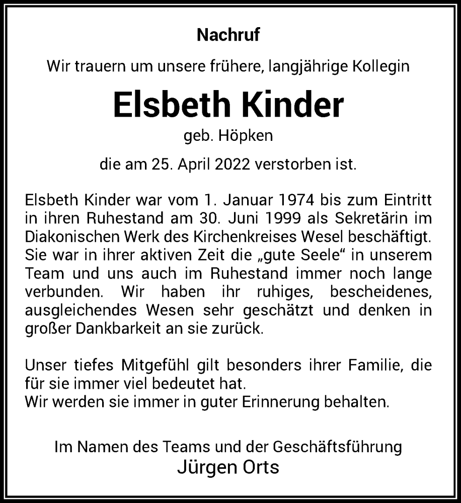  Traueranzeige für Elsbeth Kinder vom 07.05.2022 aus Rheinische Post