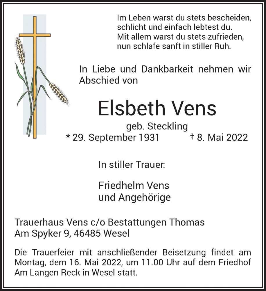  Traueranzeige für Elsbeth Vens vom 12.05.2022 aus Rheinische Post