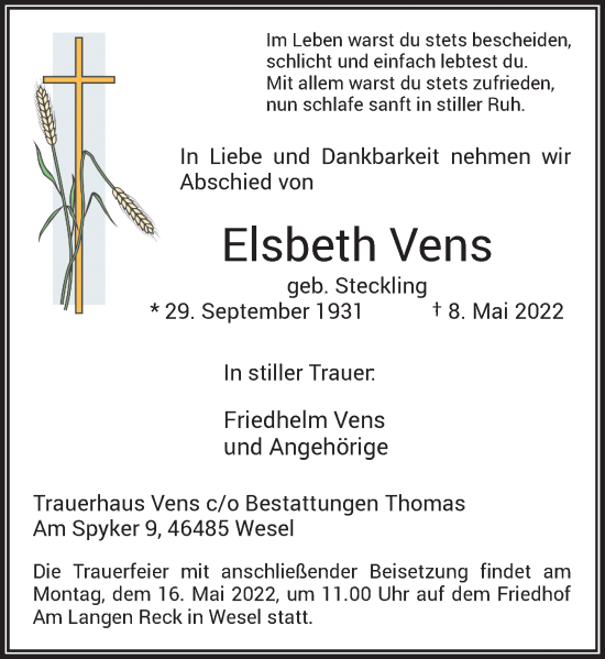 Traueranzeige von Elsbeth Vens von Rheinische Post