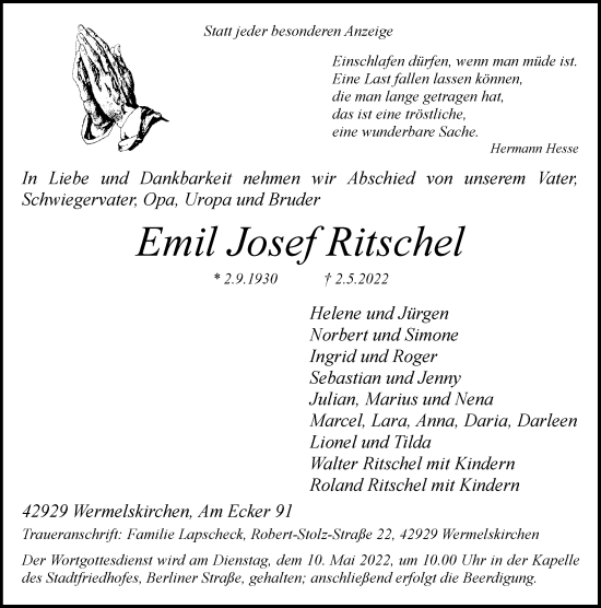 Traueranzeige von Emil Josef Ritschel von Rheinische Post