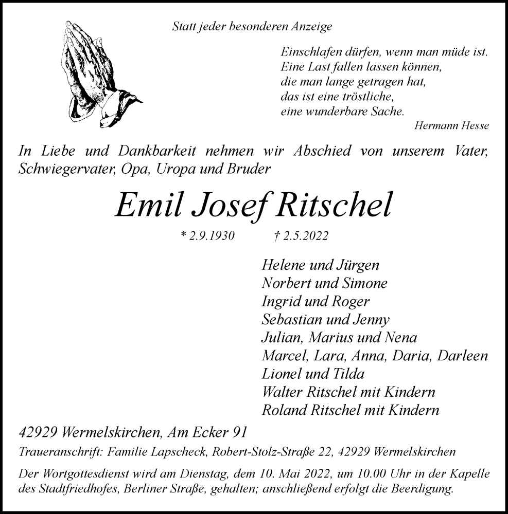  Traueranzeige für Emil Josef Ritschel vom 05.05.2022 aus Rheinische Post