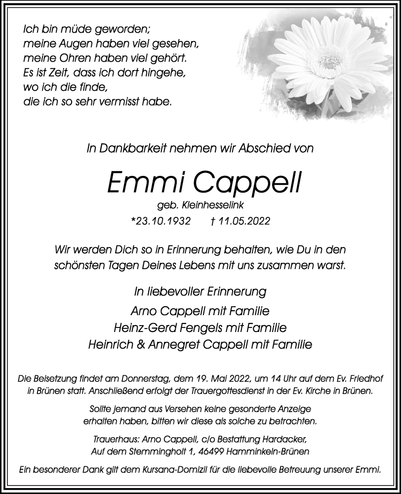  Traueranzeige für Emmi Cappel vom 14.05.2022 aus Rheinische Post