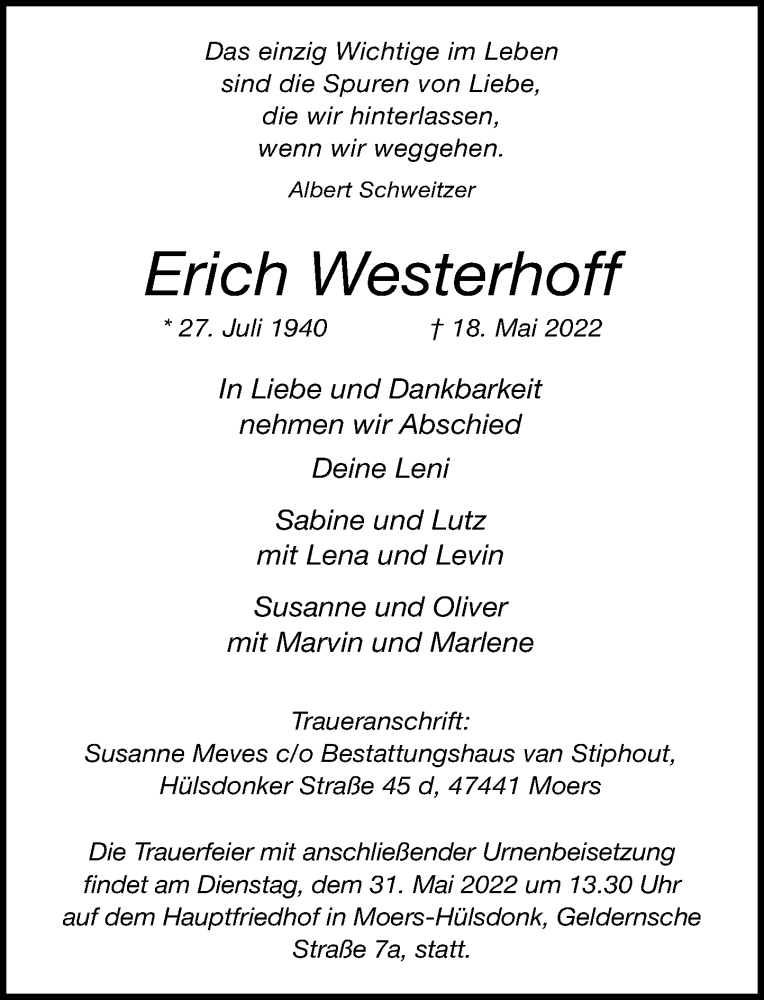  Traueranzeige für Erich Westerhoff vom 28.05.2022 aus Rheinische Post