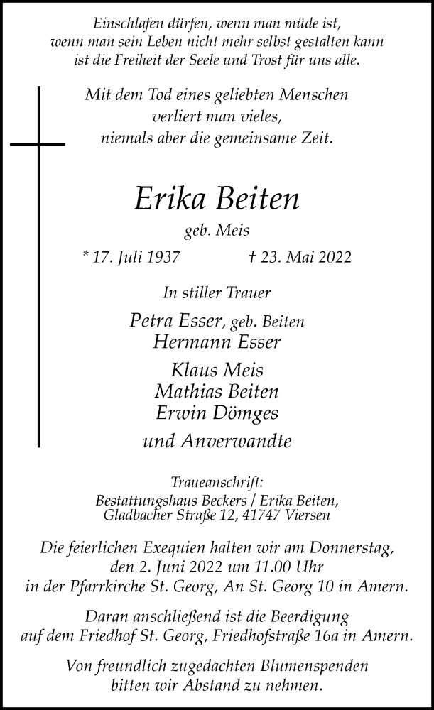 Traueranzeige für Erika Beiten vom 28.05.2022 aus Rheinische Post