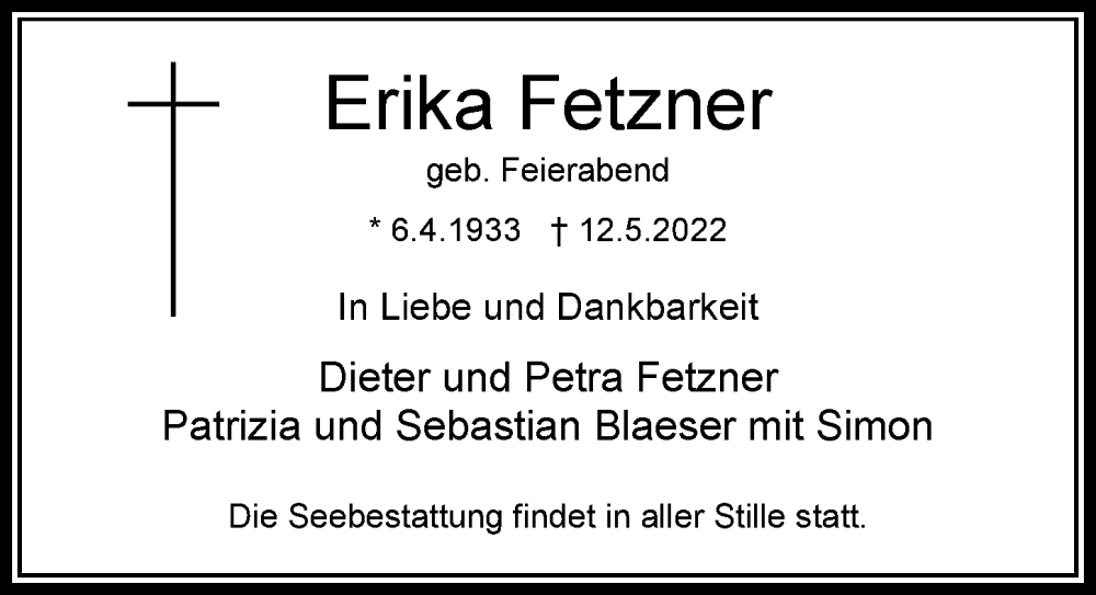  Traueranzeige für Erika Fetzner vom 14.05.2022 aus Rheinische Post