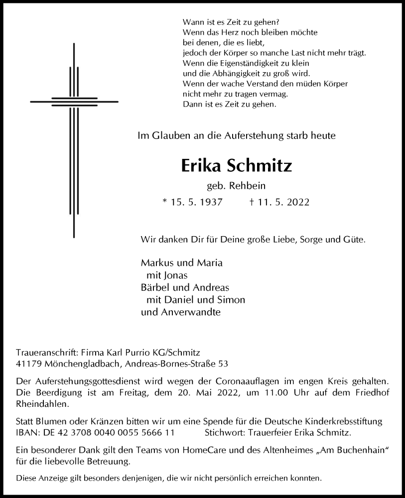  Traueranzeige für Erika Schmitz vom 19.05.2022 aus Rheinische Post