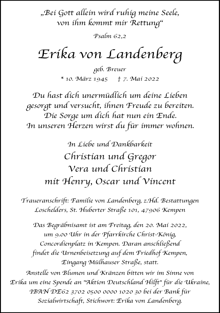  Traueranzeige für Erika von Landenberg vom 14.05.2022 aus Rheinische Post