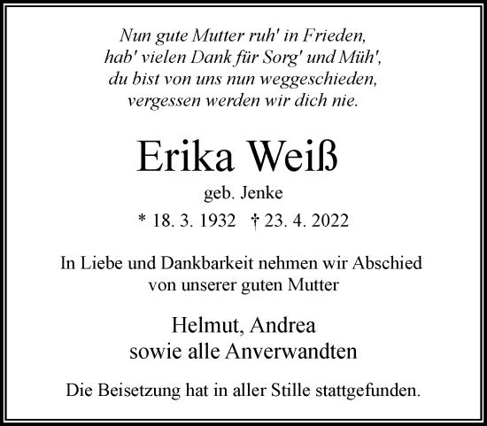 Alle Traueranzeigen für Erika Weiß | trauer.rp-online.de