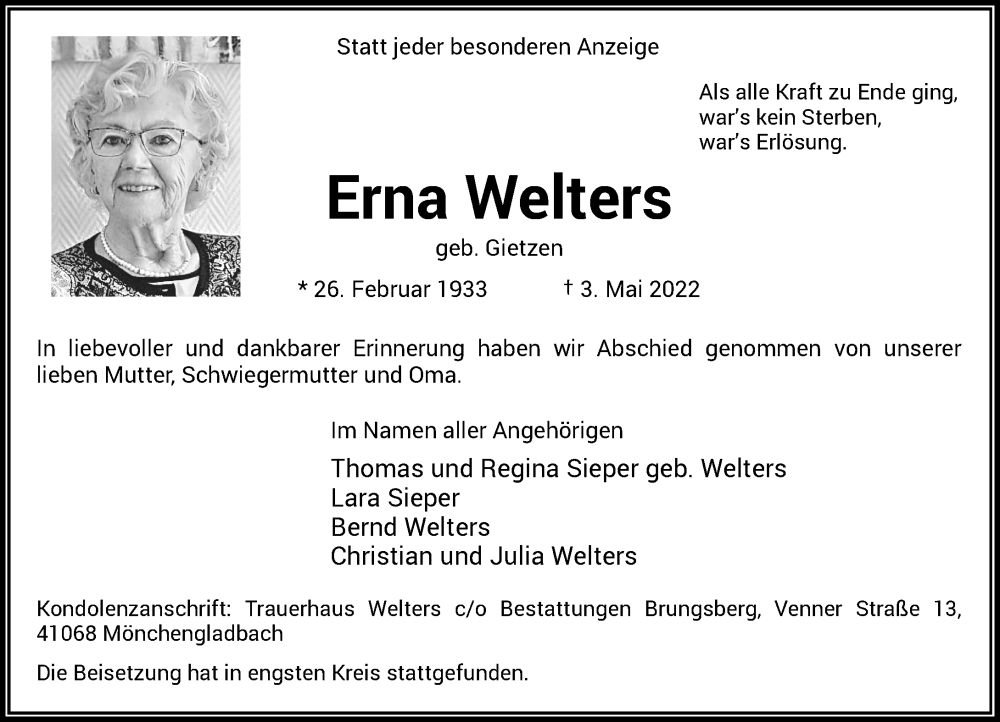  Traueranzeige für Erna Welters vom 21.05.2022 aus Rheinische Post