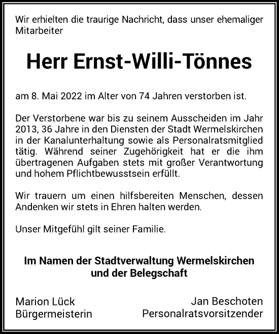 Traueranzeige von Ernst-Willi Tönnes von Rheinische Post
