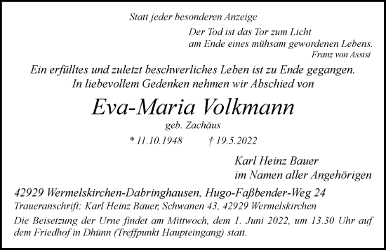 Traueranzeige von Eva-Maria Volkmann von Rheinische Post