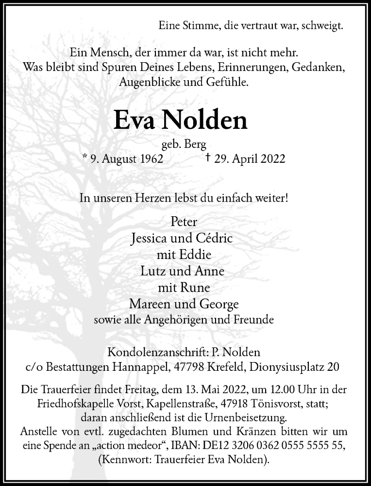  Traueranzeige für Eva Nolden vom 07.05.2022 aus Rheinische Post
