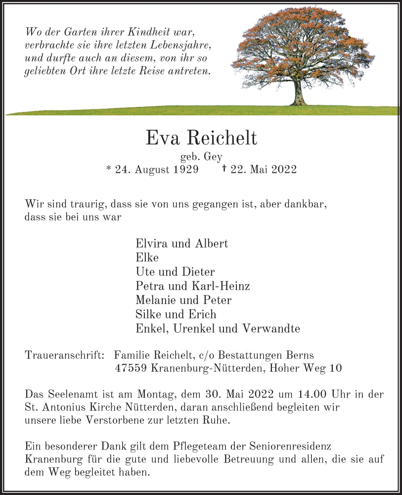  Traueranzeige für Eva Reichelt vom 25.05.2022 aus Rheinische Post