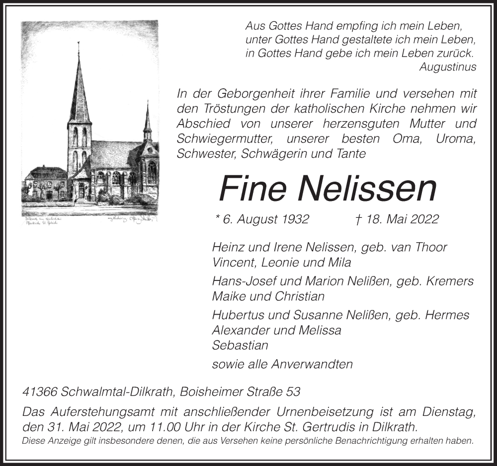  Traueranzeige für Fine Nelissen vom 21.05.2022 aus Rheinische Post