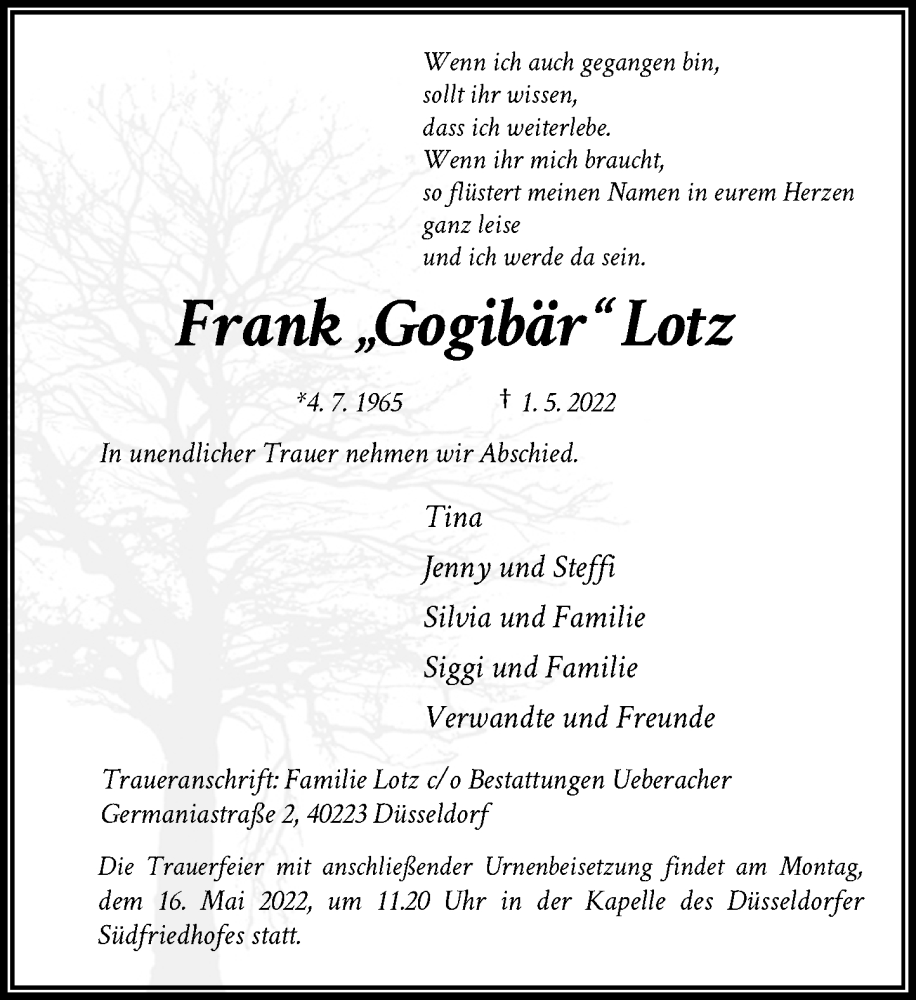  Traueranzeige für Frank Lotz vom 14.05.2022 aus Rheinische Post