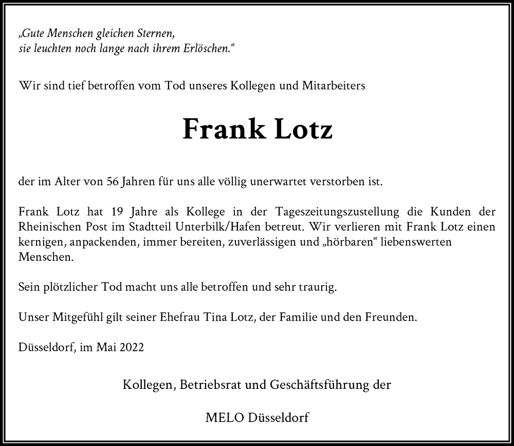 Traueranzeige für Frank Lotz vom 11.05.2022 aus Rheinische Post