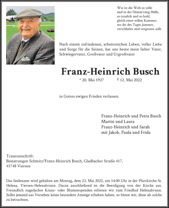 Traueranzeige von Franz-Heinrich Busch von Rheinische Post