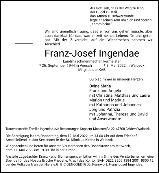 Traueranzeige von Franz-Josef Ingendae von Rheinische Post