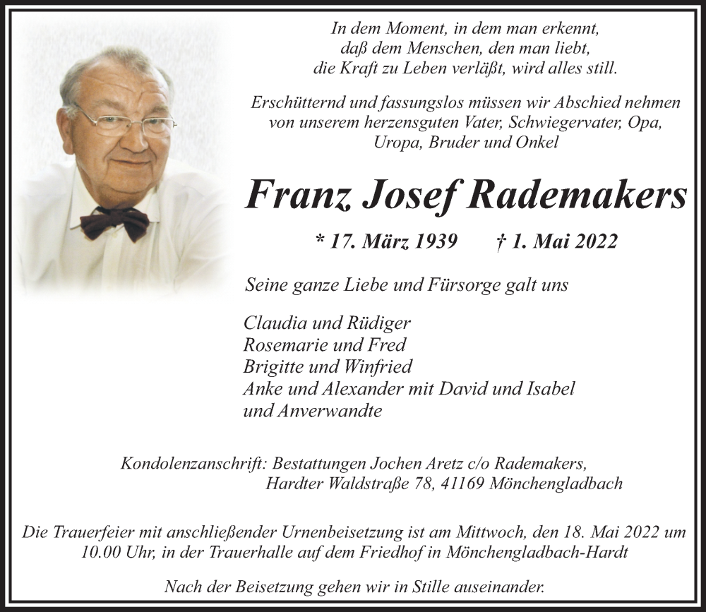  Traueranzeige für Franz Josef Rademakers vom 07.05.2022 aus Rheinische Post