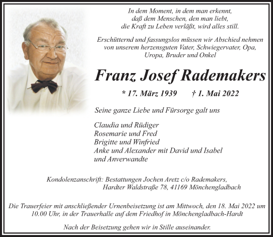 Traueranzeige von Franz Josef Rademakers von Rheinische Post