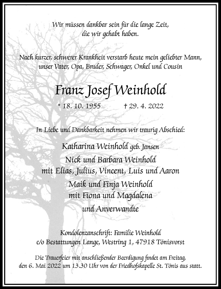  Traueranzeige für Franz Josef Weinhold vom 04.05.2022 aus Rheinische Post