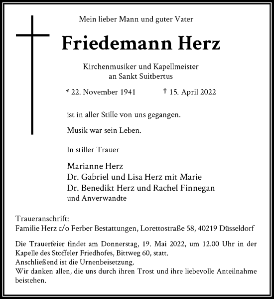 Traueranzeige von Friedemann Herz von Rheinische Post