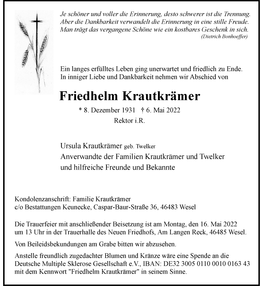  Traueranzeige für Friedhelm Krautkrämer vom 11.05.2022 aus Rheinische Post