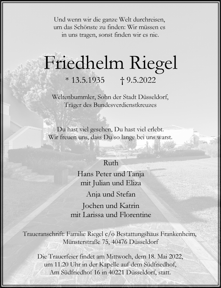  Traueranzeige für Friedhelm Riegel vom 14.05.2022 aus Rheinische Post
