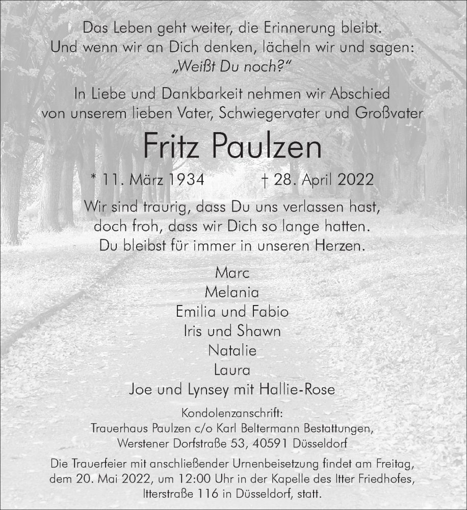  Traueranzeige für Fritz Paulzen vom 14.05.2022 aus Rheinische Post