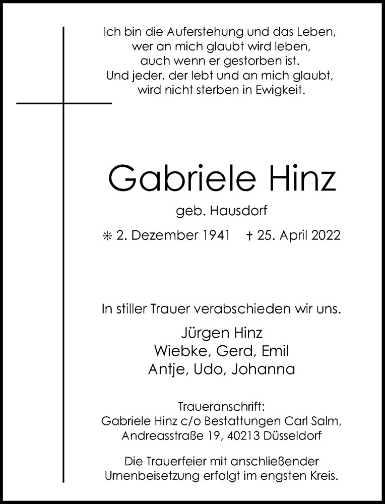 Traueranzeige für Gabriele Hinz vom 21.05.2022 aus Rheinische Post