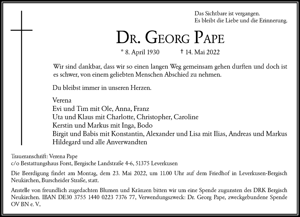  Traueranzeige für Georg Pape vom 21.05.2022 aus Rheinische Post