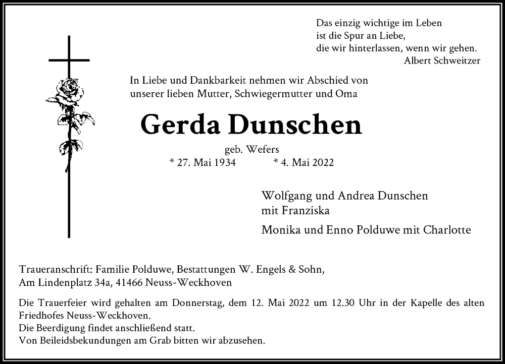  Traueranzeige für Gerda Dunschen vom 07.05.2022 aus Rheinische Post