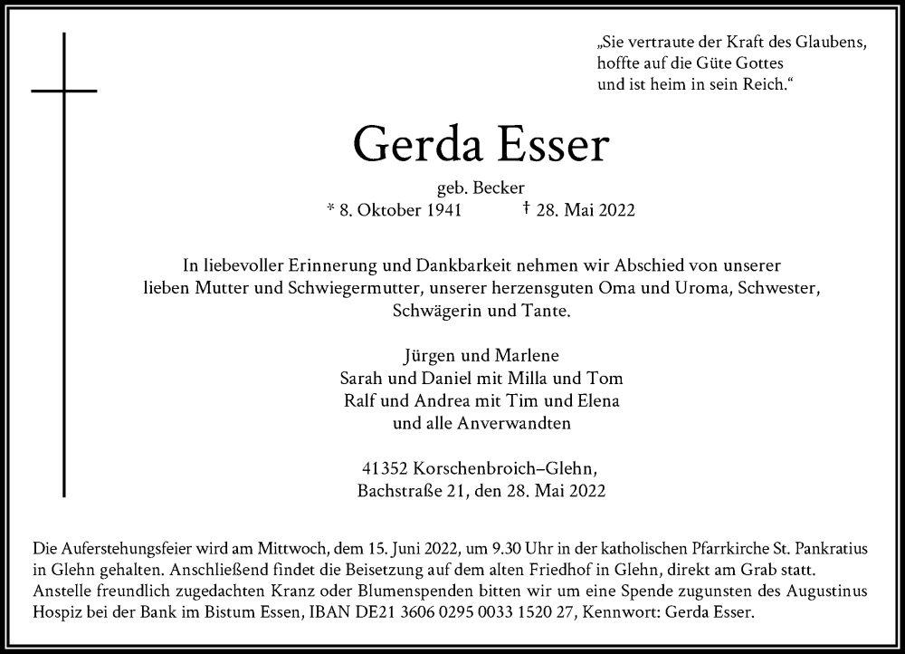  Traueranzeige für Gerda Esser vom 04.06.2022 aus Rheinische Post