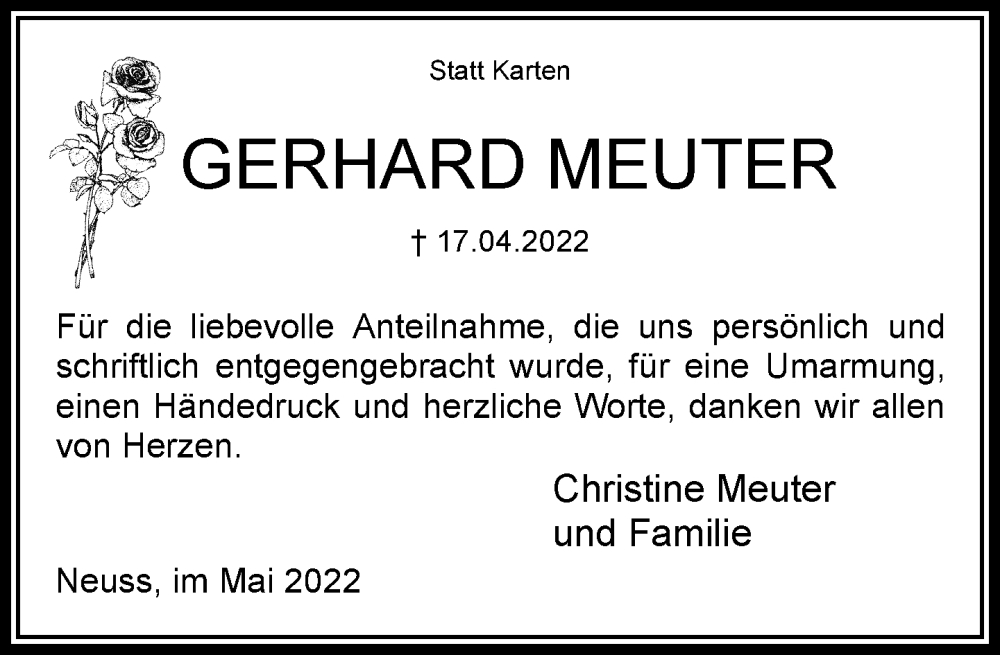  Traueranzeige für Gerhard Meuter vom 28.05.2022 aus Rheinische Post