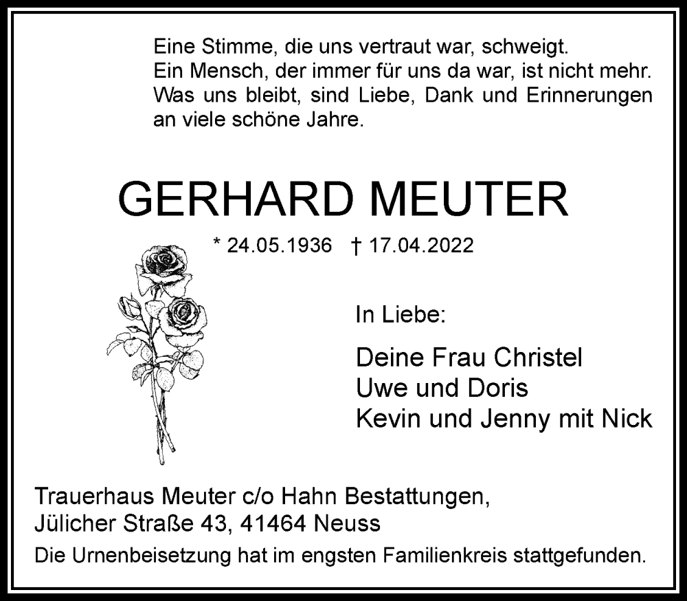  Traueranzeige für Gerhard Meuter vom 07.05.2022 aus Rheinische Post