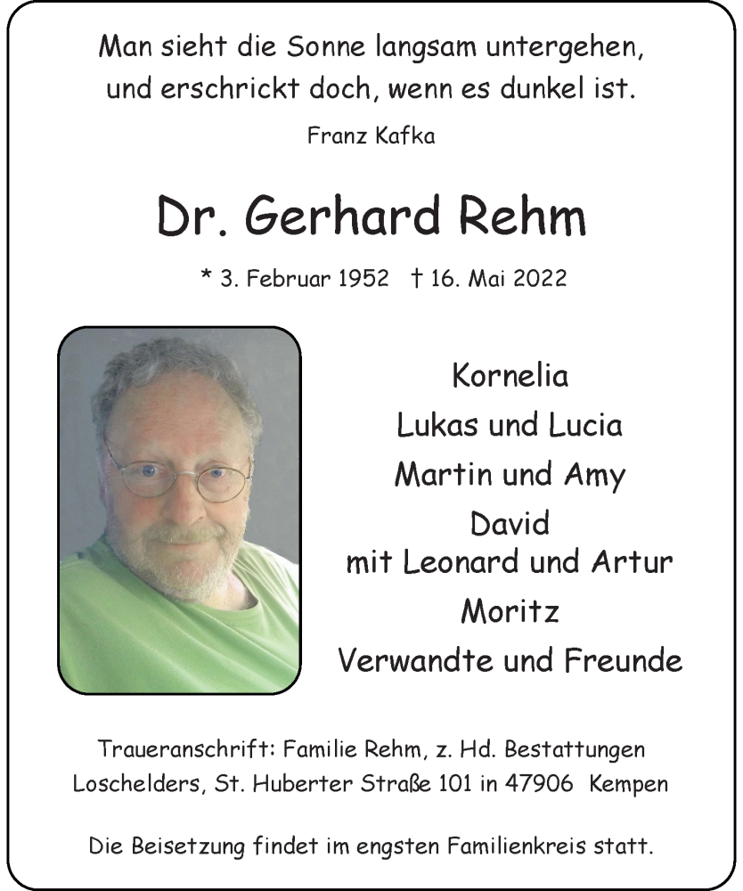  Traueranzeige für Gerhard Rehm vom 28.05.2022 aus Rheinische Post
