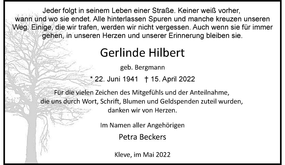 Traueranzeige für Gerlinde Hilbert vom 21.05.2022 aus Rheinische Post