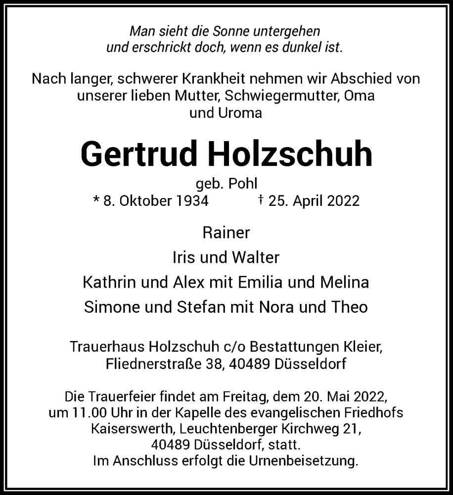  Traueranzeige für Gertrud Holzschuh vom 14.05.2022 aus Rheinische Post