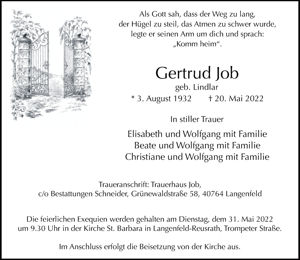  Traueranzeige für Gertrud Job vom 28.05.2022 aus Rheinische Post