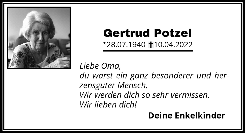  Traueranzeige für Gertrud Potzel vom 10.06.2022 aus Rheinische Post
