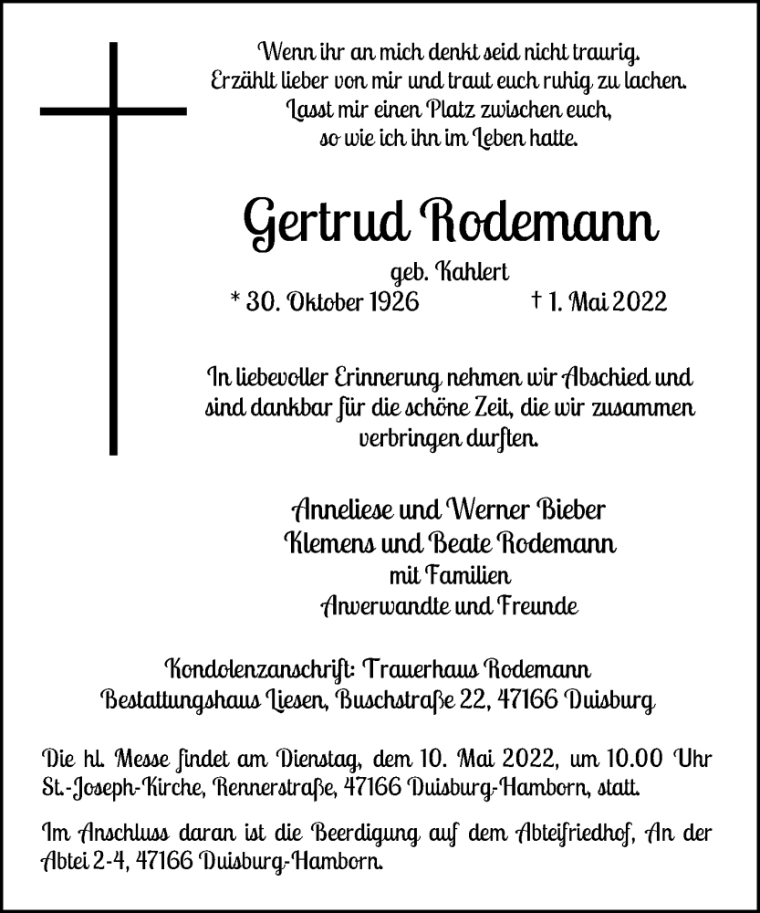  Traueranzeige für Gertrud Rodemann vom 07.05.2022 aus Rheinische Post