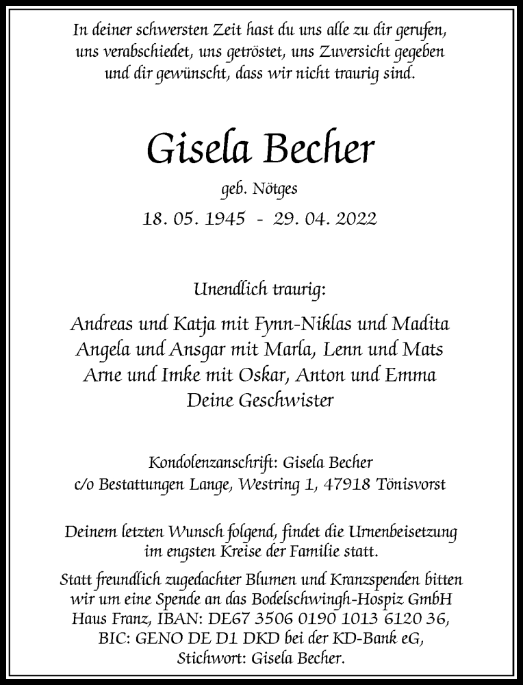  Traueranzeige für Gisela Becher vom 07.05.2022 aus Rheinische Post