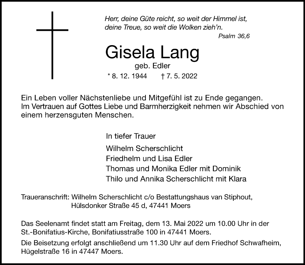  Traueranzeige für Gisela Lang vom 11.05.2022 aus Rheinische Post