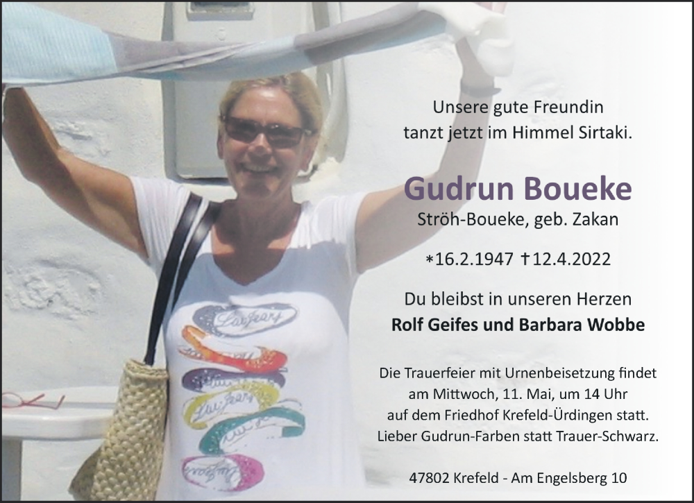  Traueranzeige für Gudrun Boueke vom 07.05.2022 aus Rheinische Post