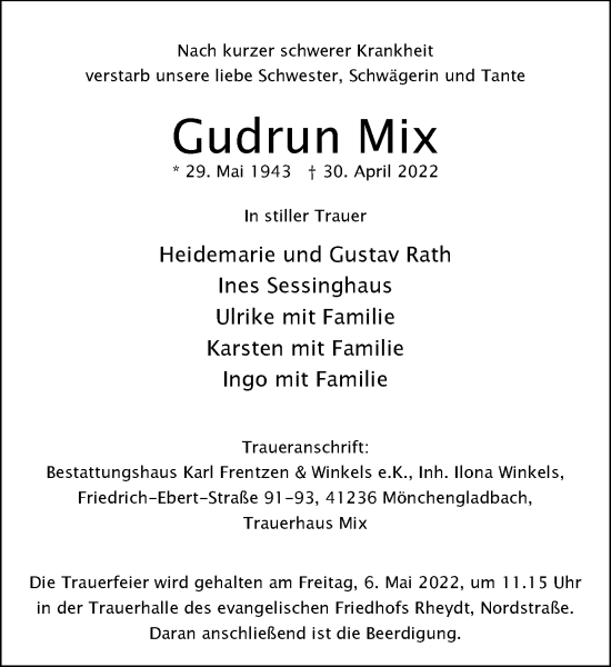 Traueranzeige von Gudrun Mix von Rheinische Post