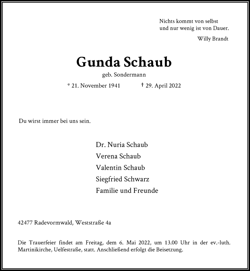  Traueranzeige für Gunda Schaub vom 03.05.2022 aus Rheinische Post