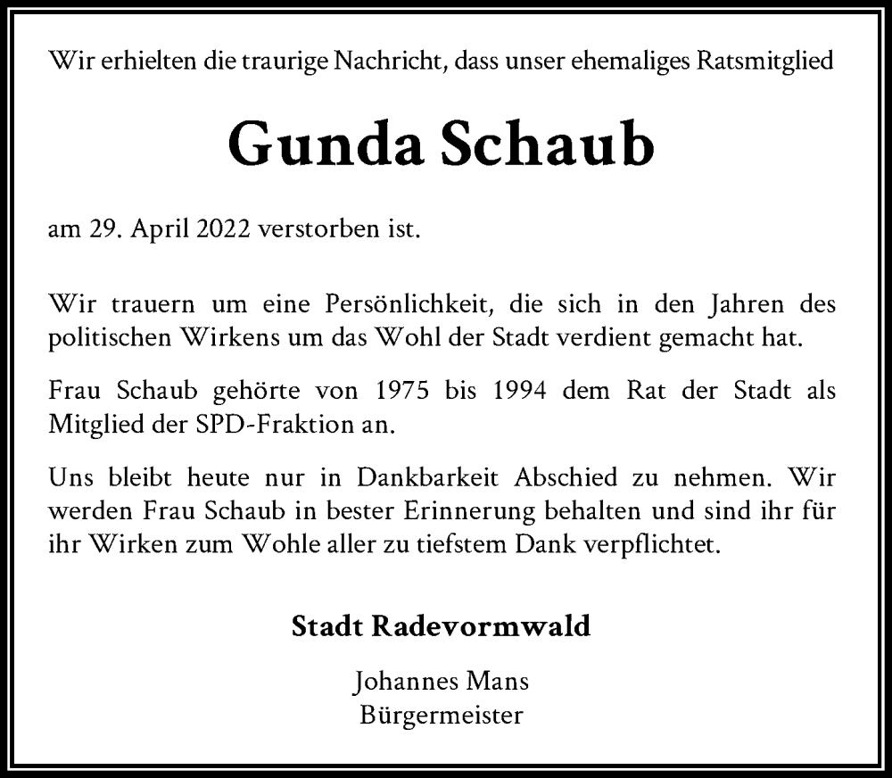  Traueranzeige für Gunda Schaub vom 04.05.2022 aus Rheinische Post
